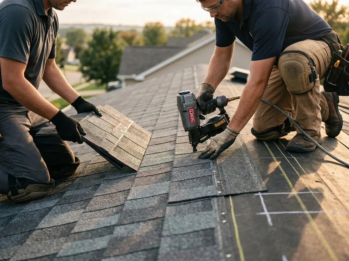 Professional roofer working on a residential roof in Tenafly
